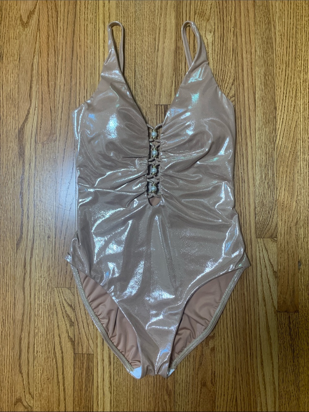 La Blanca swimsuit - sand siren one piece bathing suit shiny tan plunge w pearls
